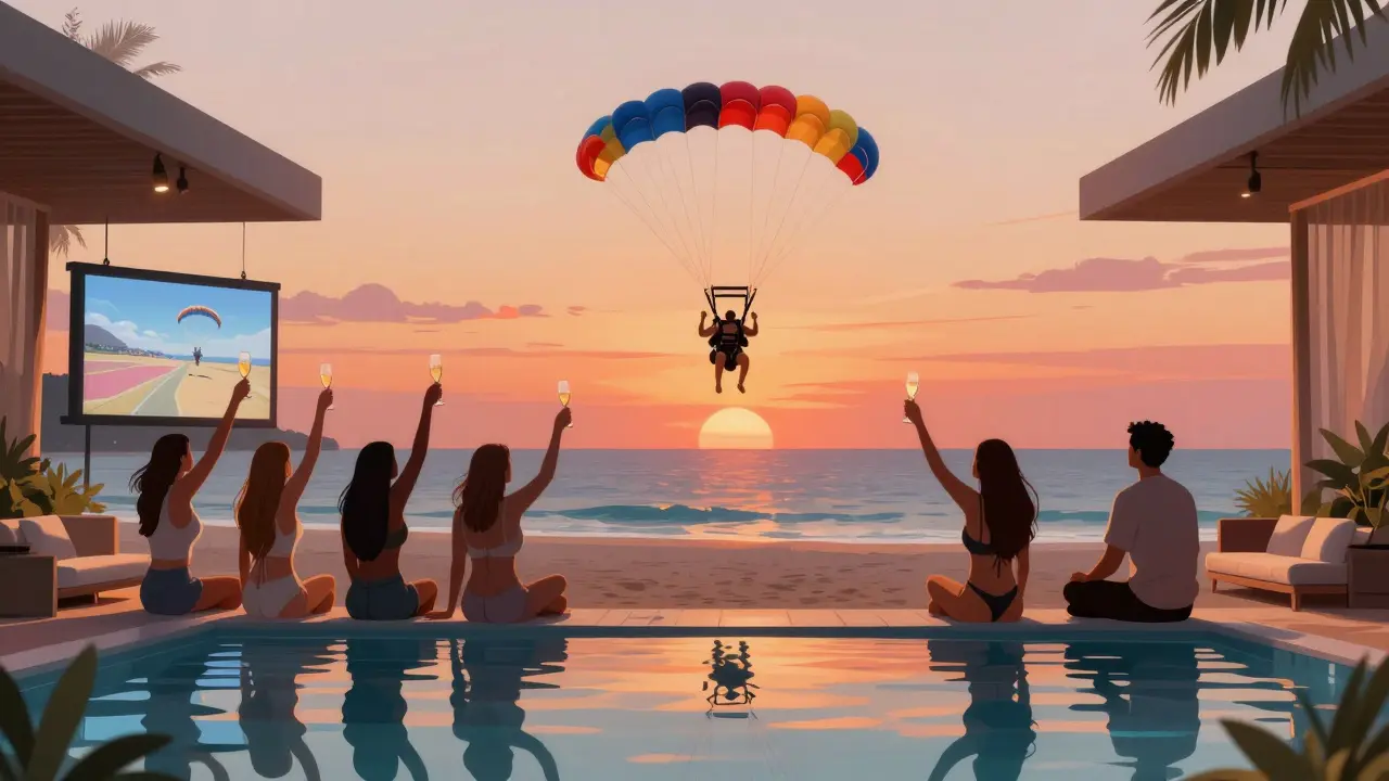 Group of friends celebrating at a beach lounge, watching a skydiver land as footage plays on a screen.