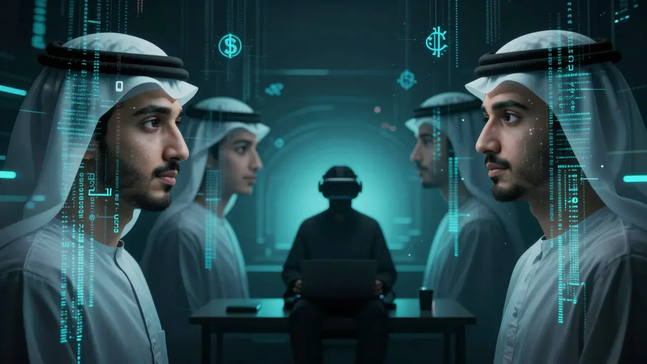 Holographic AI companions with Emirati features dissolving into digital code and crypto symbols, viewed by a lone figure in VR.