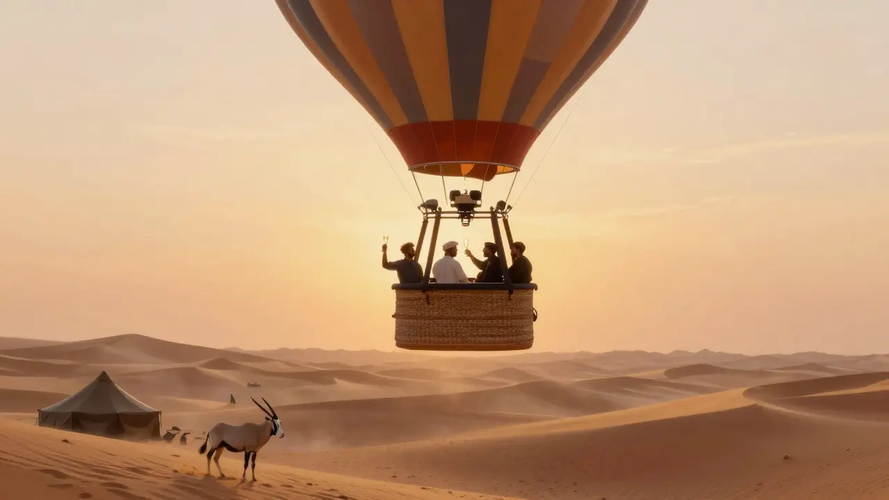 Hot air balloon floating over desert dunes at sunrise, with men toasting in the basket as the sun rises.