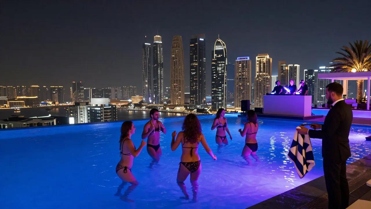 Infinity pool on a high-rise terrace glowing with LED lights, overlooking Dubai Marina at night.