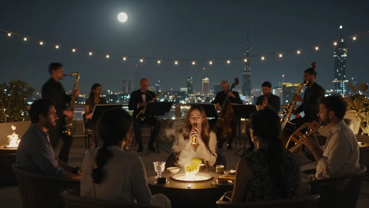 Jazz ensemble on a rooftop terrace under stars, guests in silent contemplation.