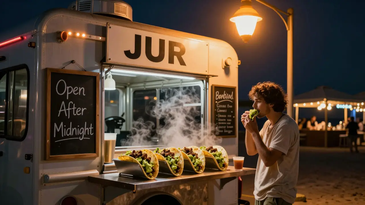 Late-night taco truck serving truffle guacamole tacos with warm streetlamp glow and blurred city lights.