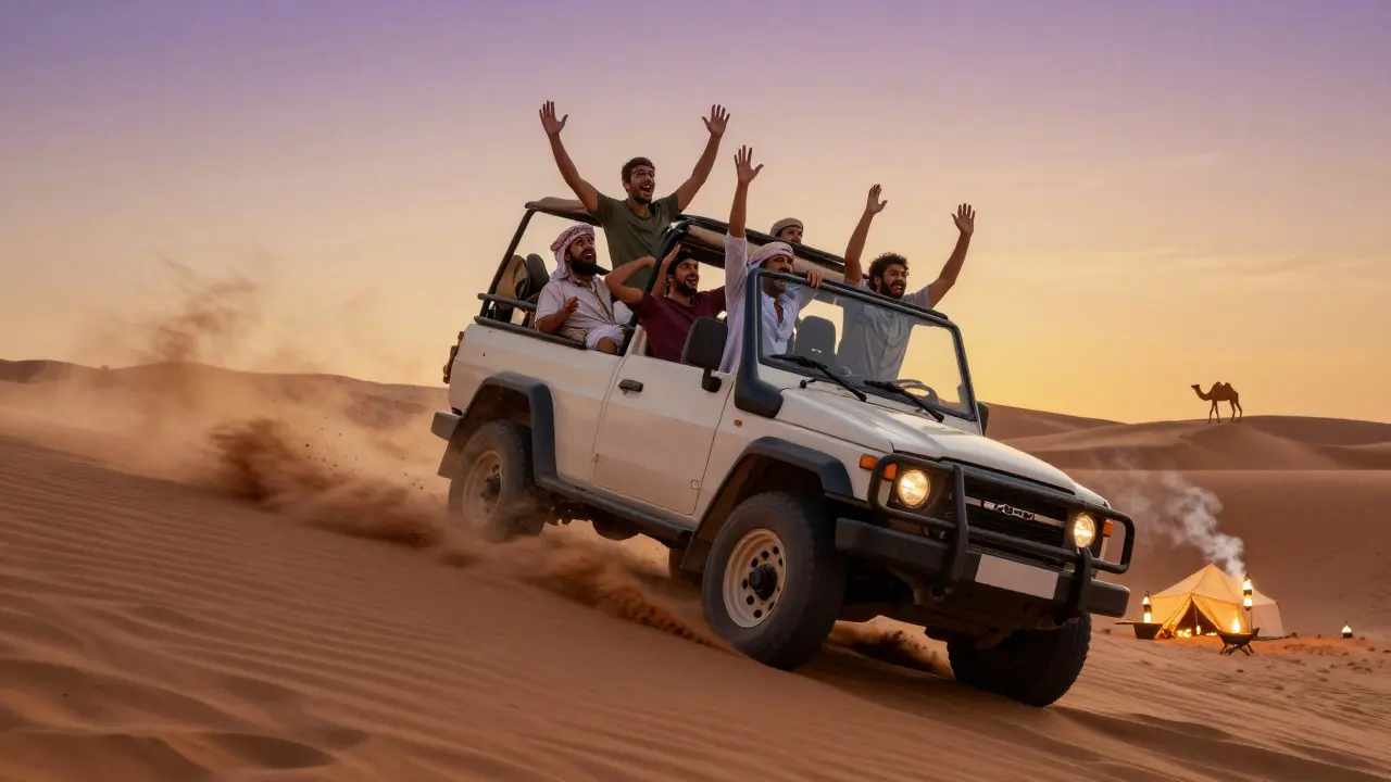 Men laughing in a 4x4 during a desert safari as it tilts on a sand dune at golden hour.