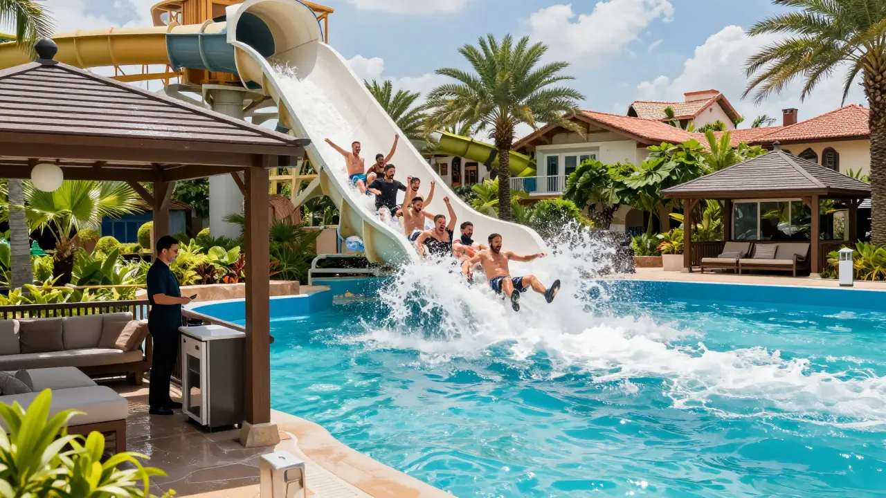 Men screaming in excitement as one plunges down a water slide into a shark-filled lagoon at Aquaventure Waterpark.
