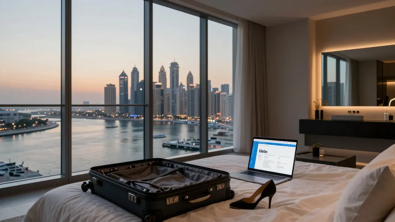 Modern Dubai apartment with open suitcase and fake professional profile on laptop.