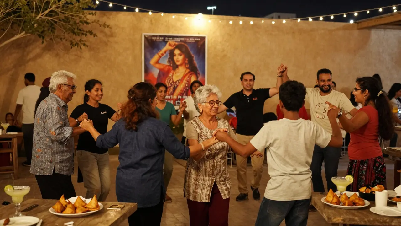 Multigenerational group dancing together in a flash mob at a Dubai Bollywood night, surrounded by food and warm lighting.