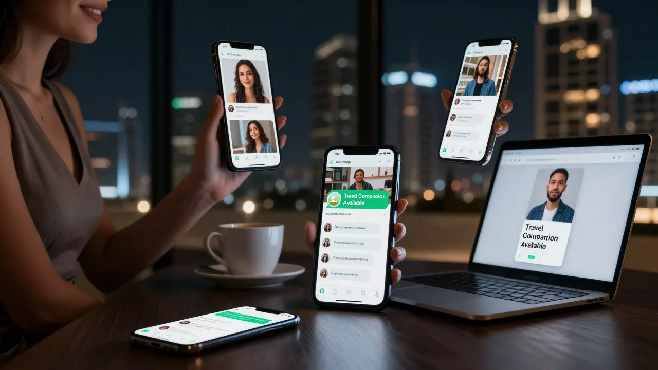 Multiple smartphones display encrypted messages and coded profile photos in a modern Dubai apartment at night.