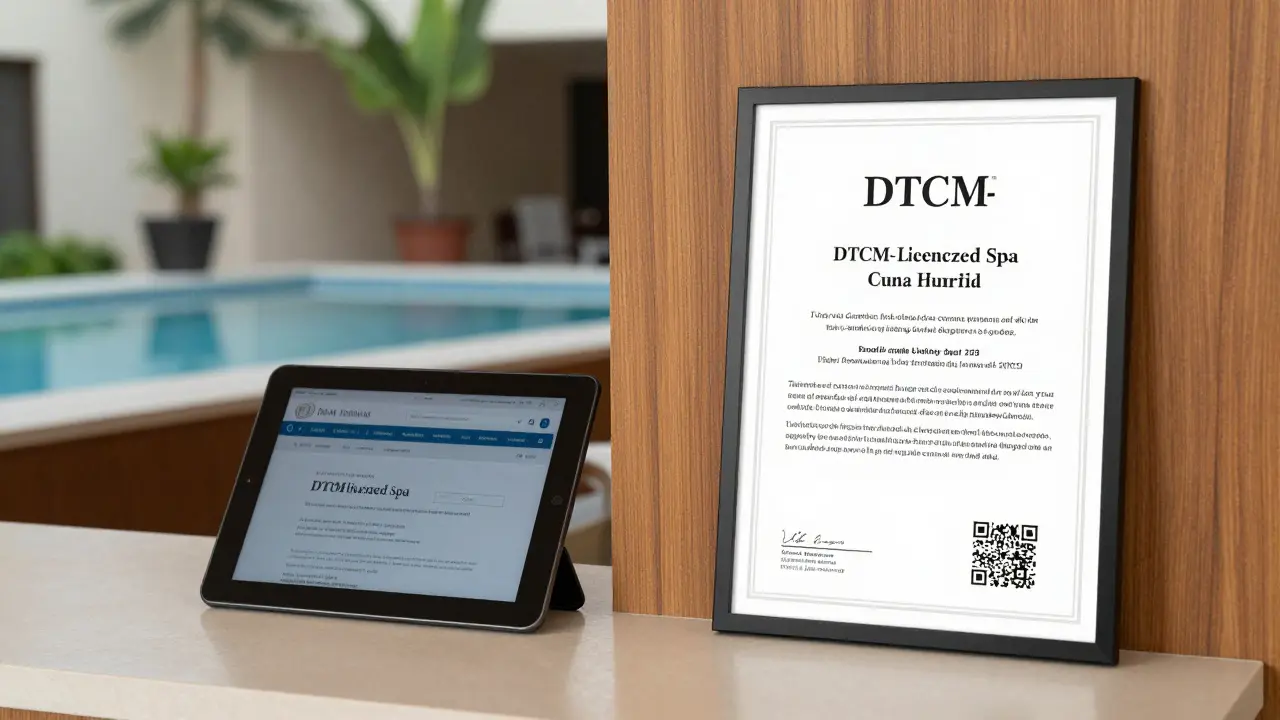 Official DTCM license displayed at a spa reception with a tablet showing Dubai Tourism verification, clean and trustworthy setting.