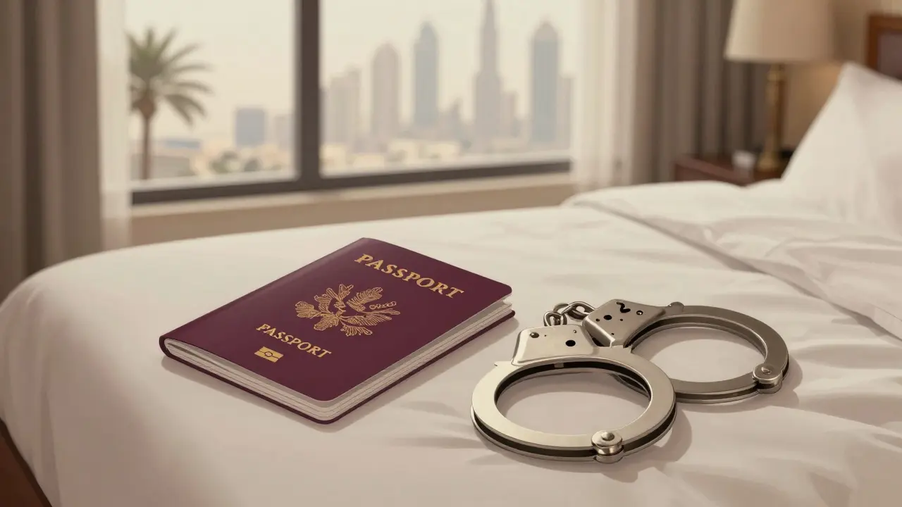 Passport and handcuffs on a hotel bed with Dubai skyline visible through the window.