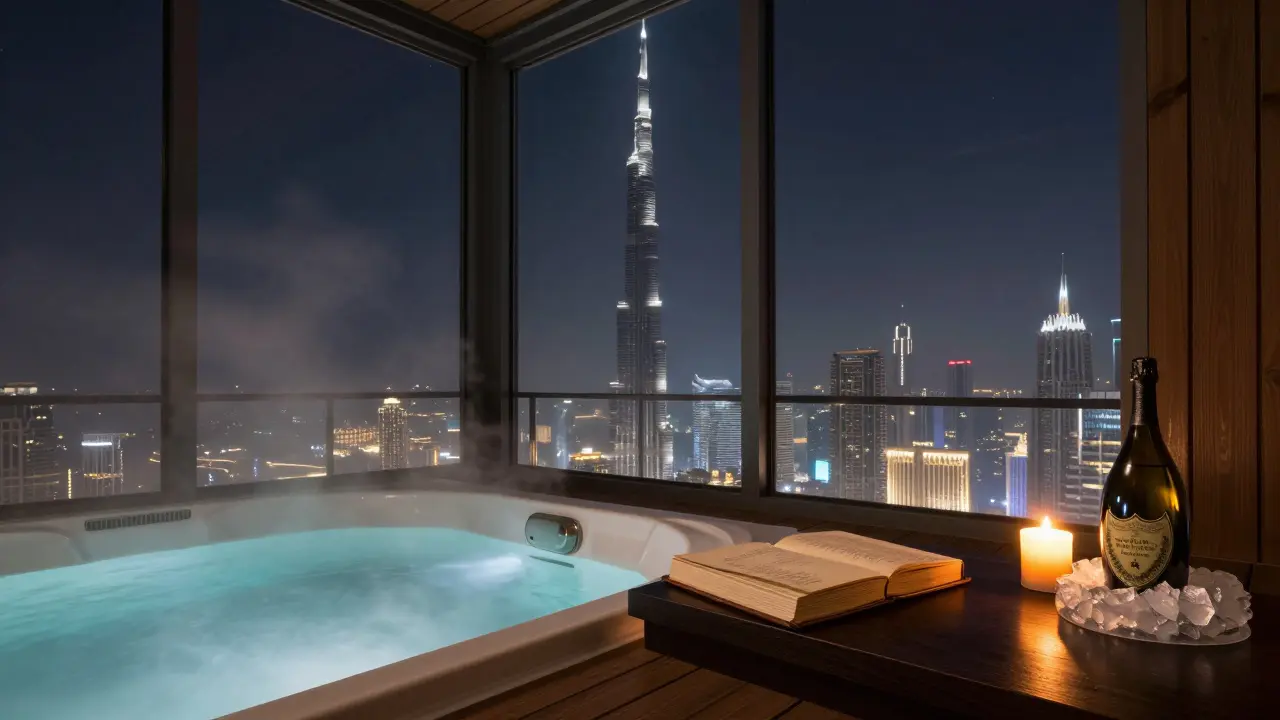 Private cabin with hot tub, Burj Khalifa view, and candlelit bottle service at night.