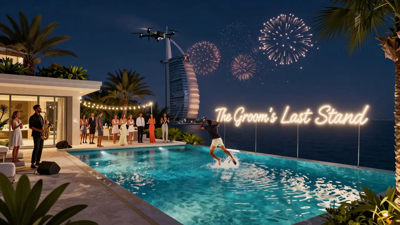 Private villa pool party with neon sign, drone overhead, and groom jumping in as saxophonist plays.