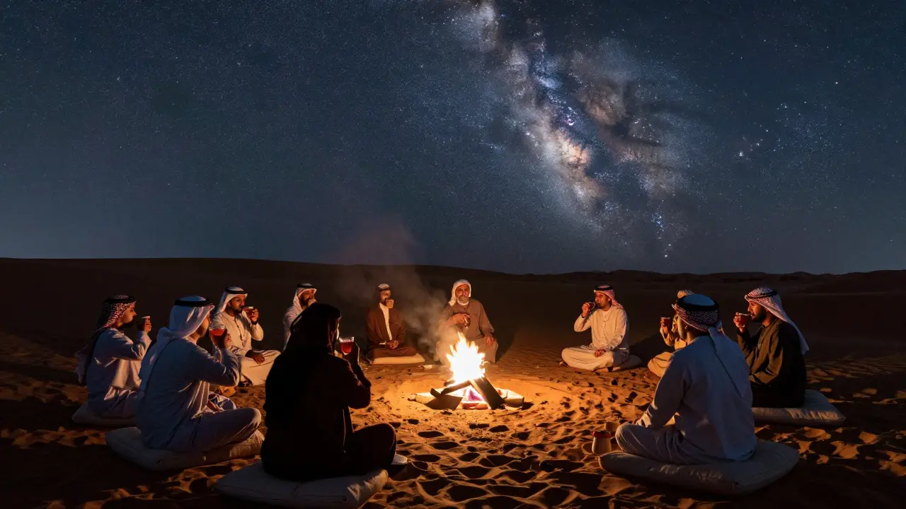 Quiet desert camp under a starry sky during Ramadan, with a Bedouin storyteller and guests sitting in silence by a small fire.
