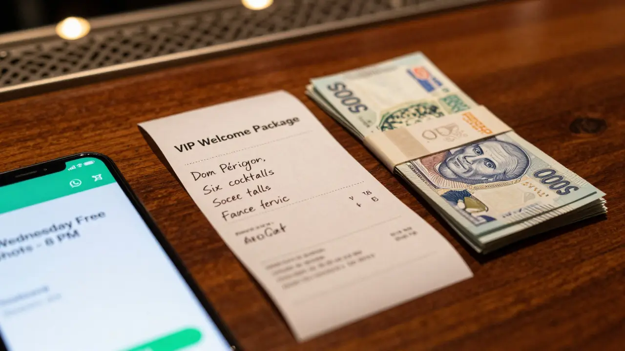Receipt for VIP package and cash on bar counter with WhatsApp notification about free shots.