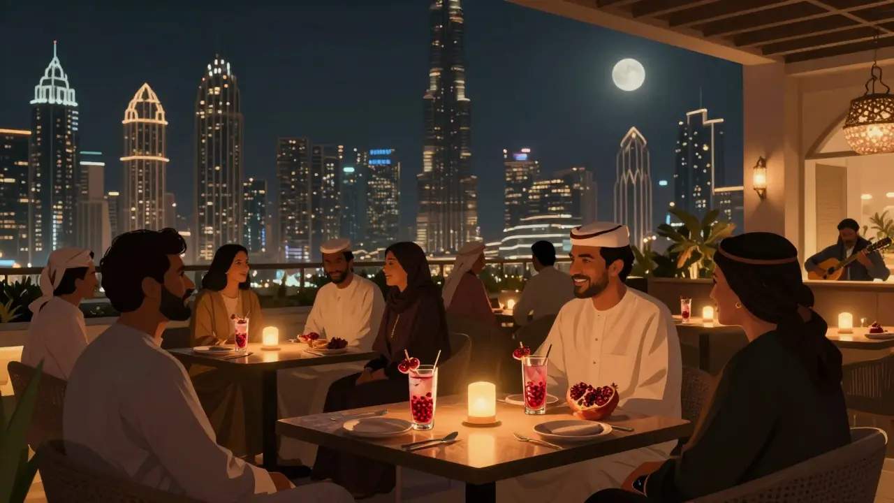 Rooftop lounge in Dubai with candlelit tables, mocktails, and live oud music overlooking the city skyline during Ramadan.