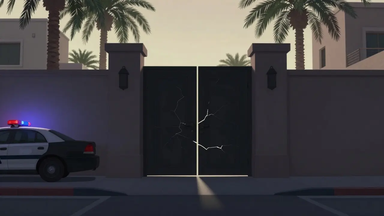 Shadowy alley door behind a Dubai villa with police car nearby, symbolizing illegal nightlife risks.