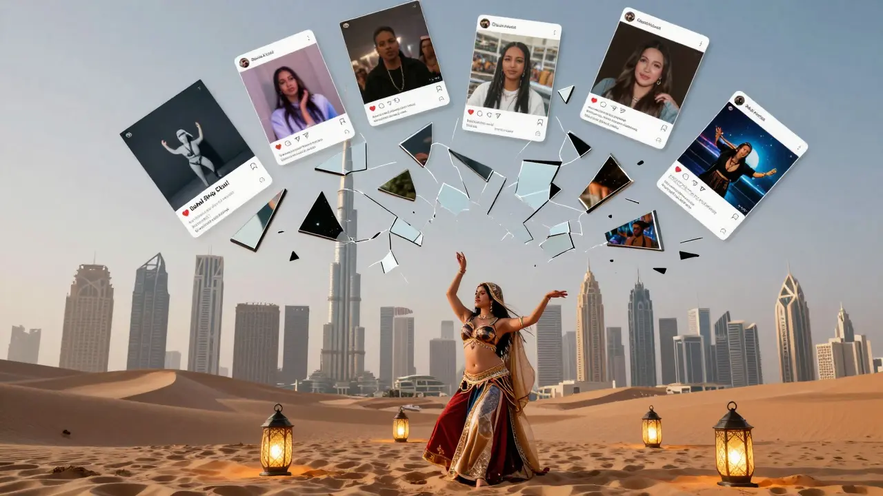 Shattered social media myths of Dubai strip clubs contrasted with a legal traditional belly dancer performance.