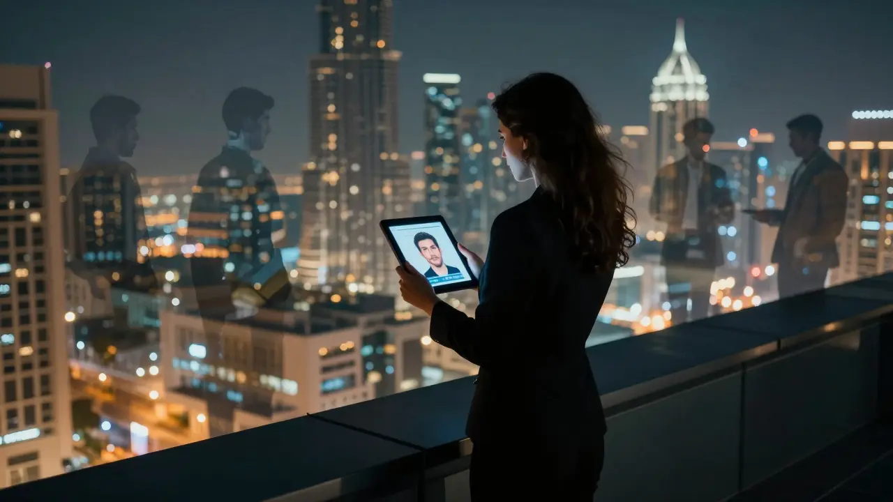 Silhouetted woman on a Dubai rooftop with a facial verification screen, symbolizing tech empowerment and hidden risks.