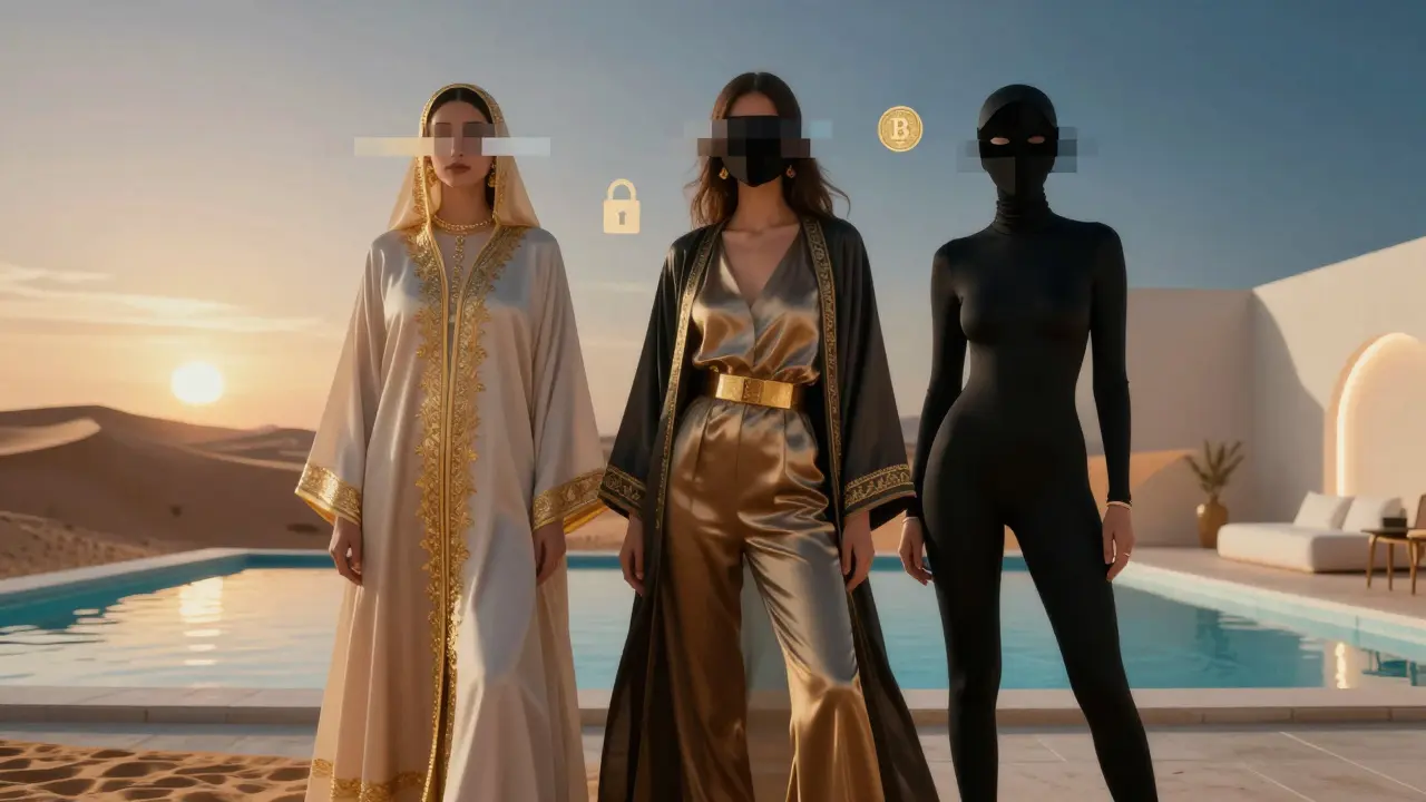 Three anonymous figures in elegant attire against symbolic Middle Eastern and modern backdrops, partially pixelated, with crypto and lock icons floating around them.