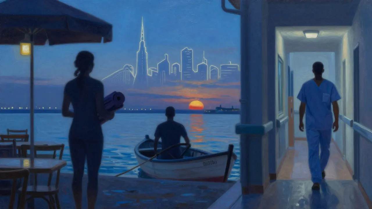 Three anonymous figures in silhouette representing former performers rebuilding lives in Lisbon, the Philippines, and Prague.