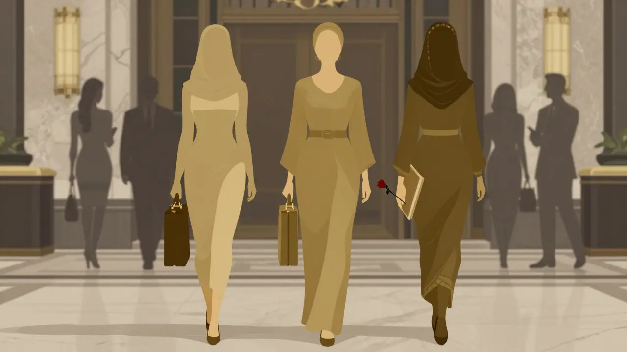 Three elegantly dressed women walk silently through a grand Dubai hotel lobby, their faces unseen.