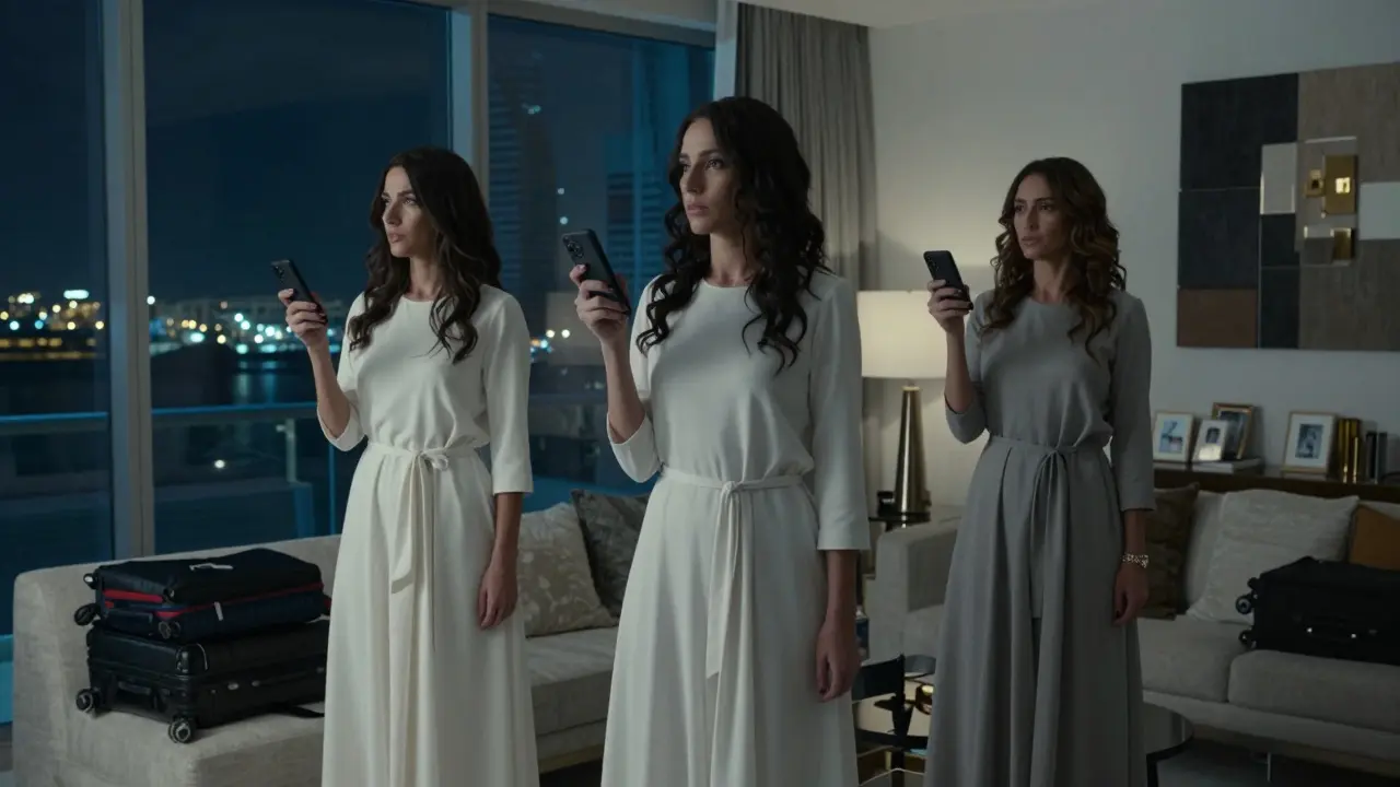 Three female performers in a Dubai Marina apartment, holding burner phones, looking anxious, no personal belongings visible.