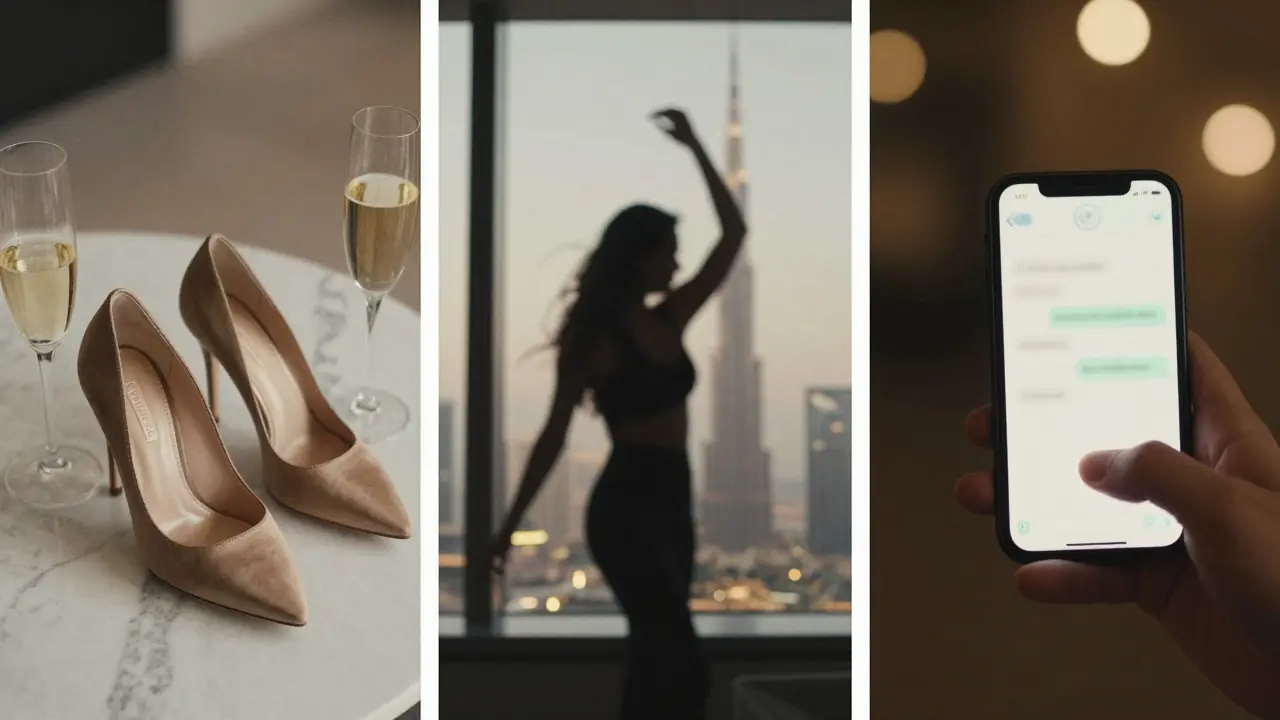 Three Instagram-style images showing heels, a blurred dancer, and a typed WhatsApp message in luxury tones.