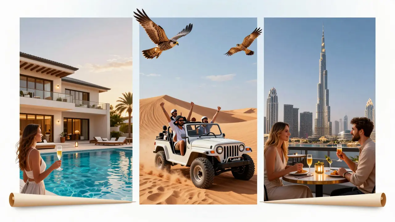 Three-panel artistic scene showing villa toast, dune bashing, and rooftop cocktail in Dubai.