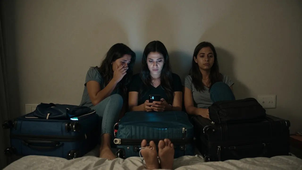 Three women sharing a phone in a crowded apartment, looking anxious and exhausted.