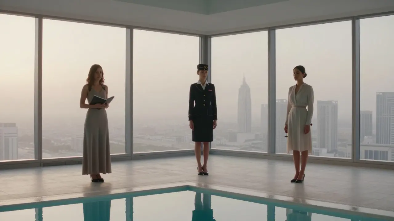 Three women stand alone in a sunlit Dubai penthouse, each isolated in quiet elegance.