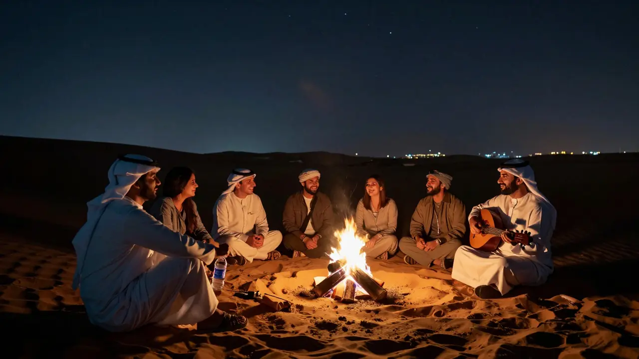 Tourists gathered around a desert campfire at night, listening to traditional music under a starry sky with city lights in distance.