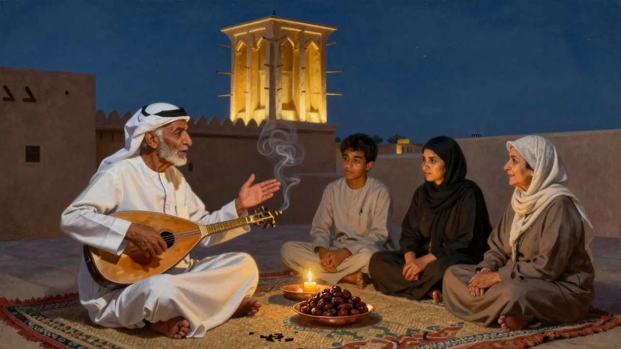 Traditional Majlis in Al Fahidi, an elder storyteller sharing tales under candlelight with silent listeners.