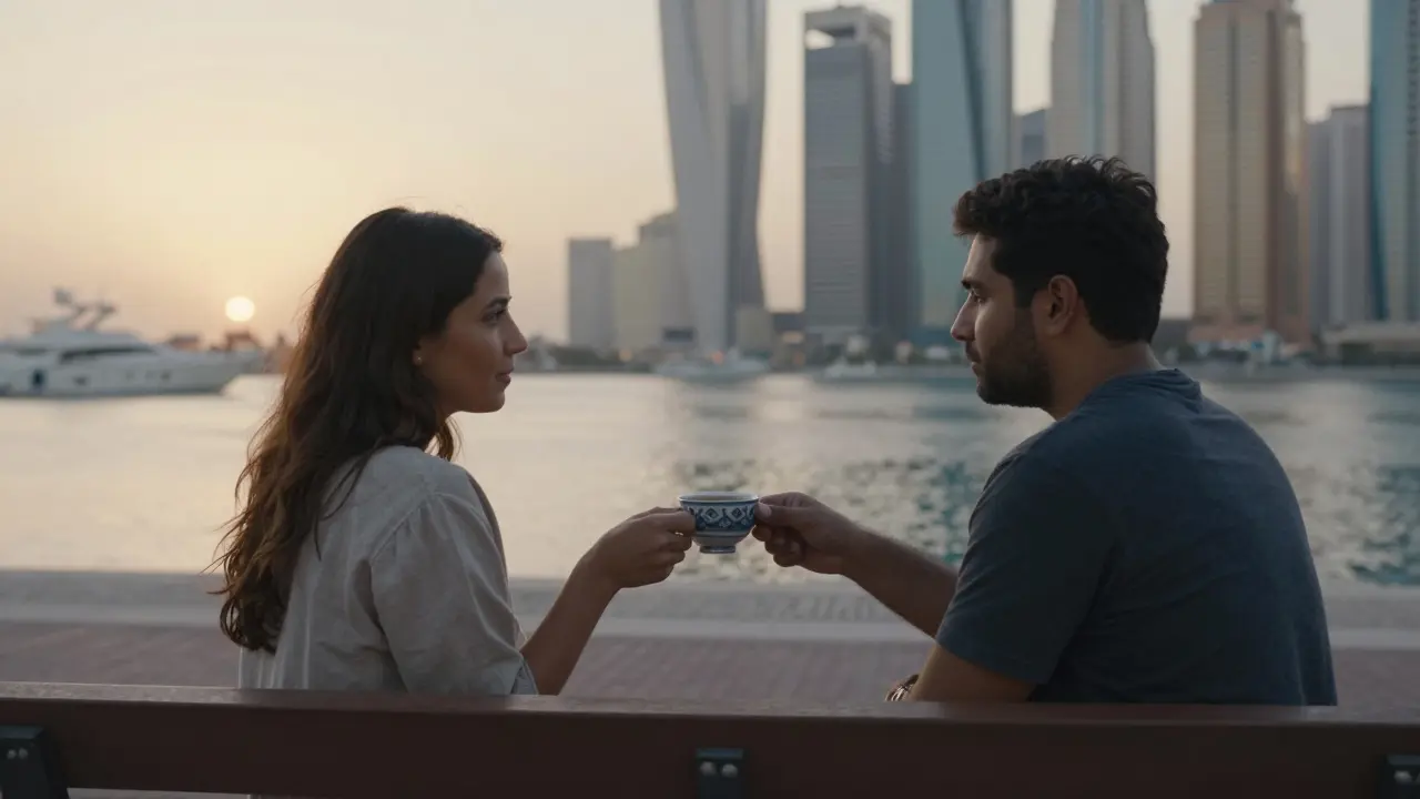 Two people sitting quietly on a Dubai Marina bench at sunset, sharing tea, no physical contact, peaceful companionship.