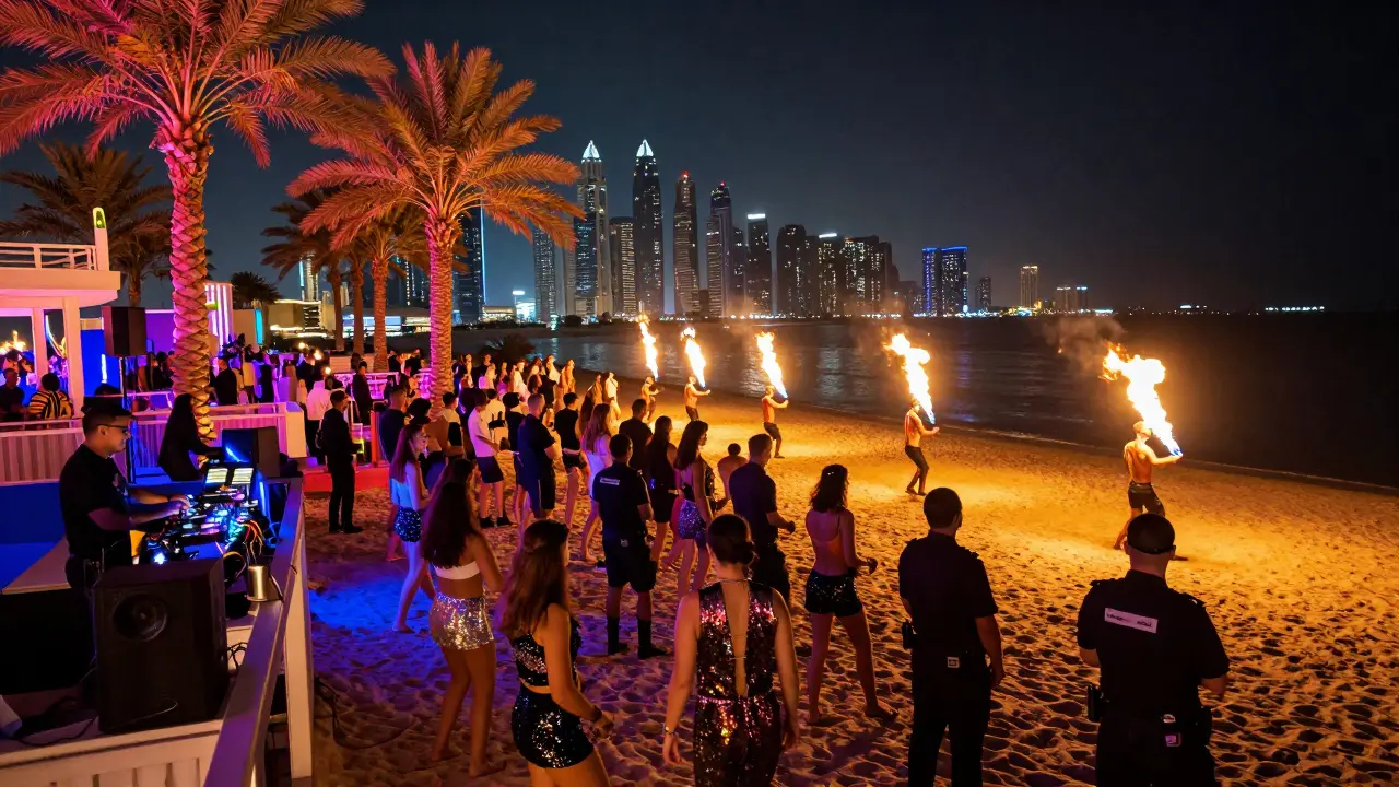 Vibrant beach club at night with fire performers and dancers in sequined outfits, no nudity, overlooking Dubai Marina.