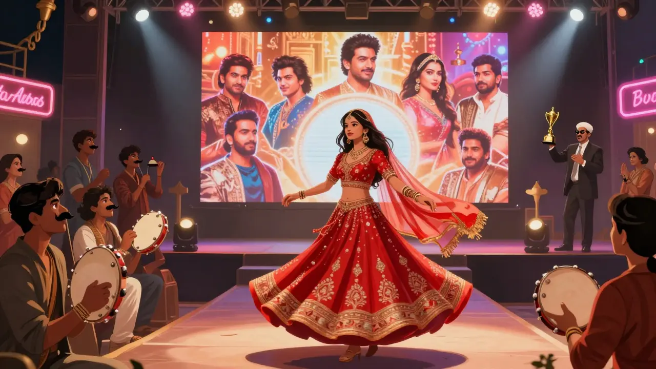 Woman in a red lehenga twirling during a Bollywood costume contest with LED screens and cheering guests in the background.
