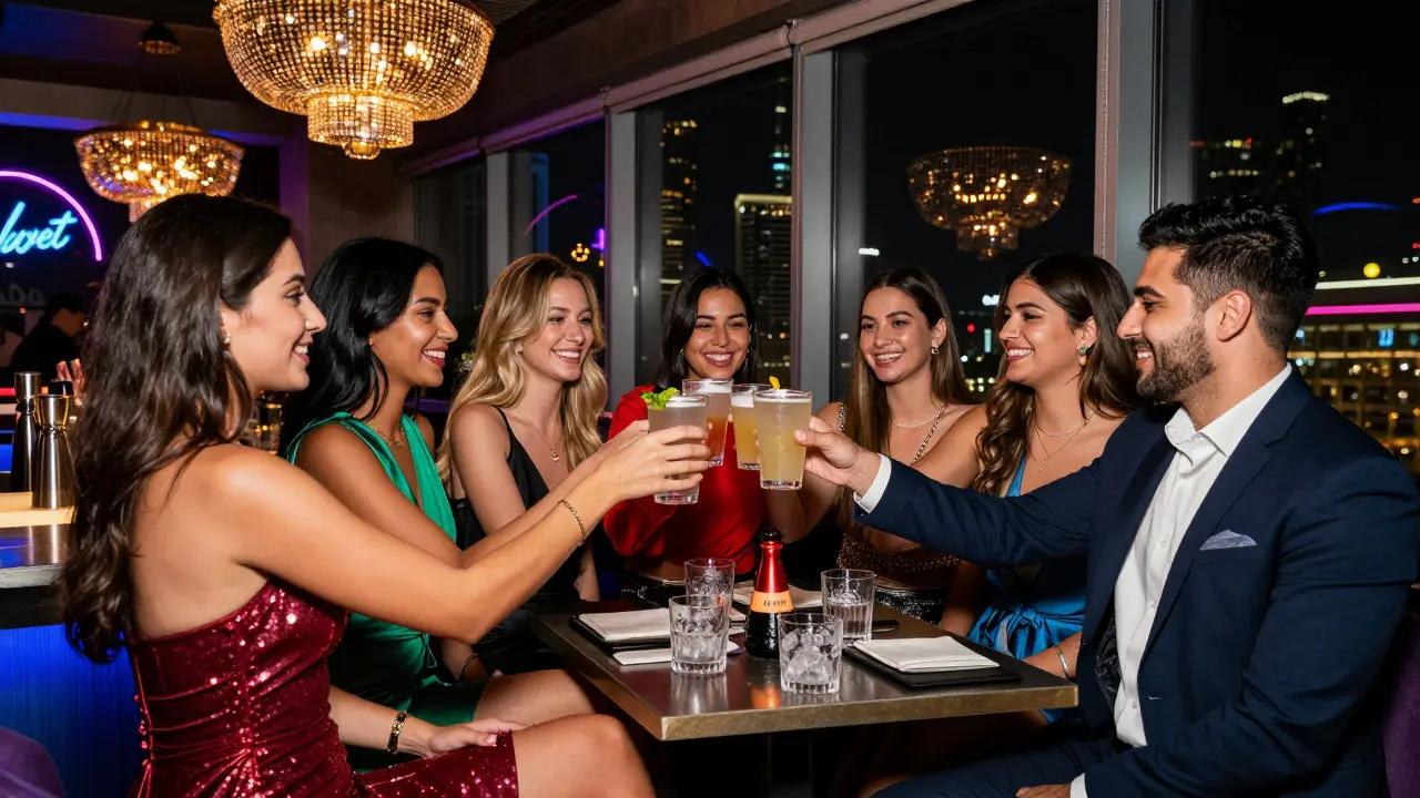 Women celebrating Ladies Night with unlimited drinks in a glamorous Dubai lounge.
