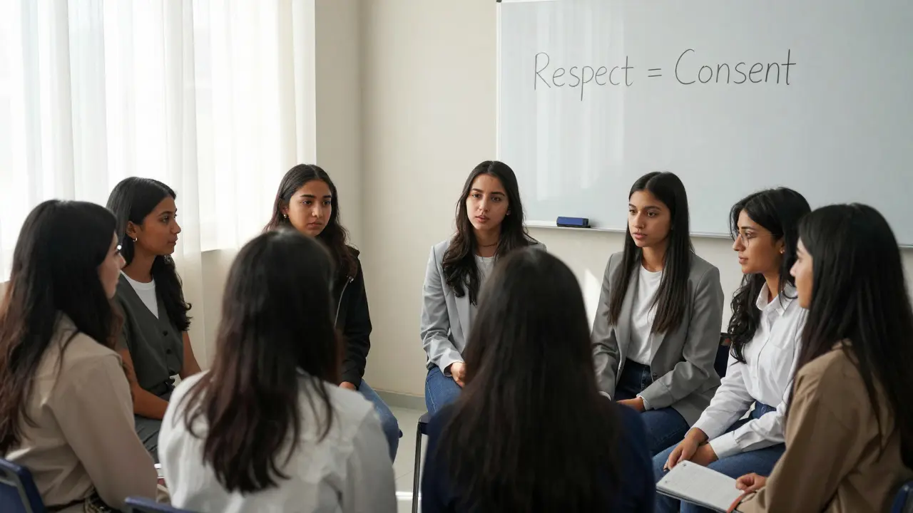 Young women in a university classroom discussing consent in a supportive, quiet circle.