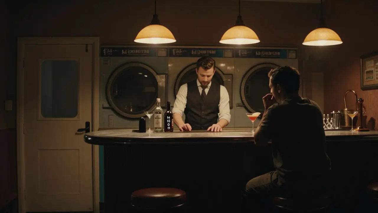 A 1950s lounge hidden in a laundry, with a bar made from metro rails and a patron whispering a password.