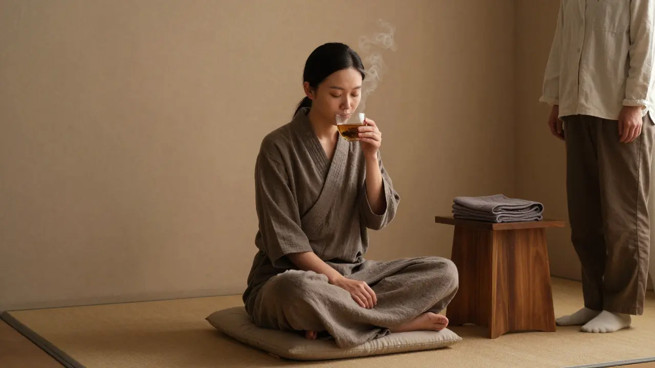 A client resting quietly after a session, sipping herbal tea in a calm, minimalist aftercare space.