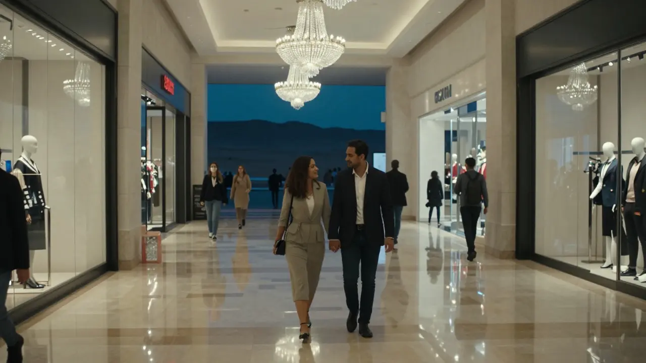 A couple walking hand-in-hand through a high-end Dubai mall at night, surrounded by luxury boutiques.