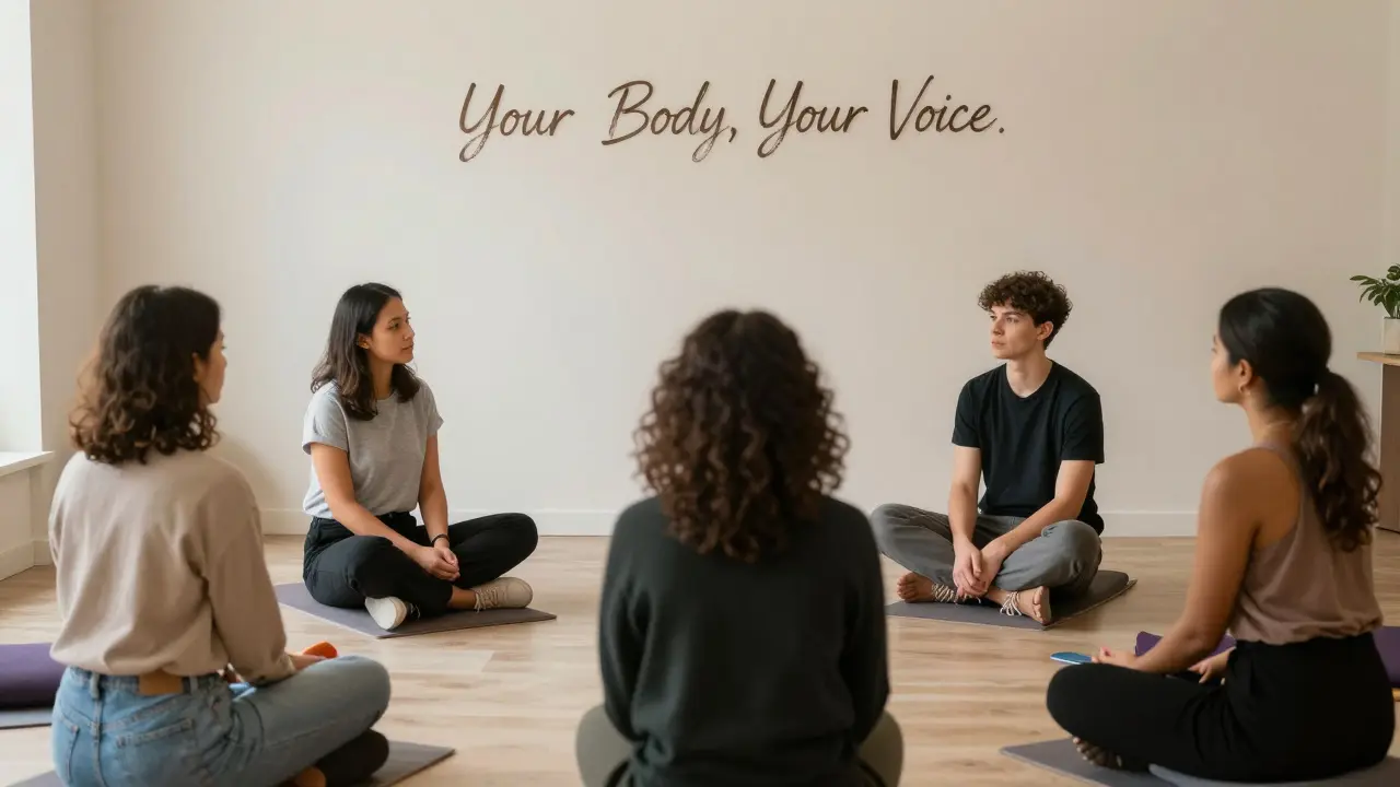 A diverse group of participants in a quiet workshop on consent, seated in a circle with a therapist in a private wellness center.