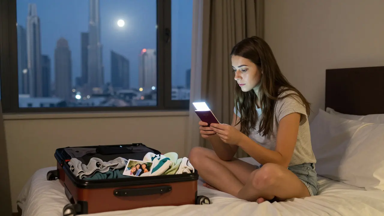 A foreign woman sitting alone on a hotel bed, holding her confiscated passport under harsh fluorescent light.