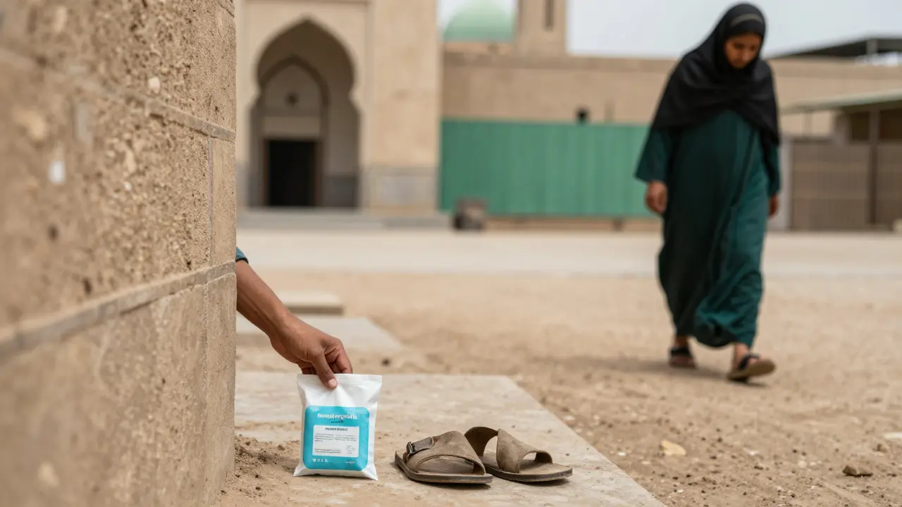 A hand leaves a hygiene kit beside sandals outside a mosque, a woman walking away unseen in the background.