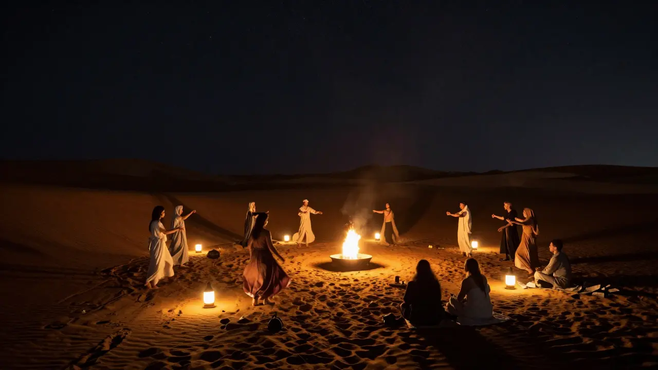 A hidden desert gathering under stars, with lanterns and dancers in a serene, secluded oasis.