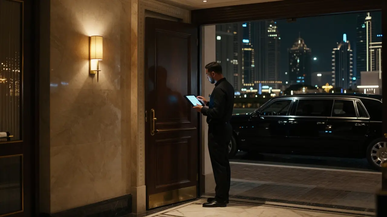 A hidden entrance to an exclusive Dubai venue, guarded by a doorman checking a digital invitation under soft lamplight.