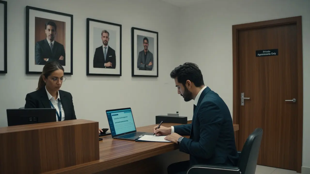 A high-end companion agency office with professional photos and vague service descriptions on screen.