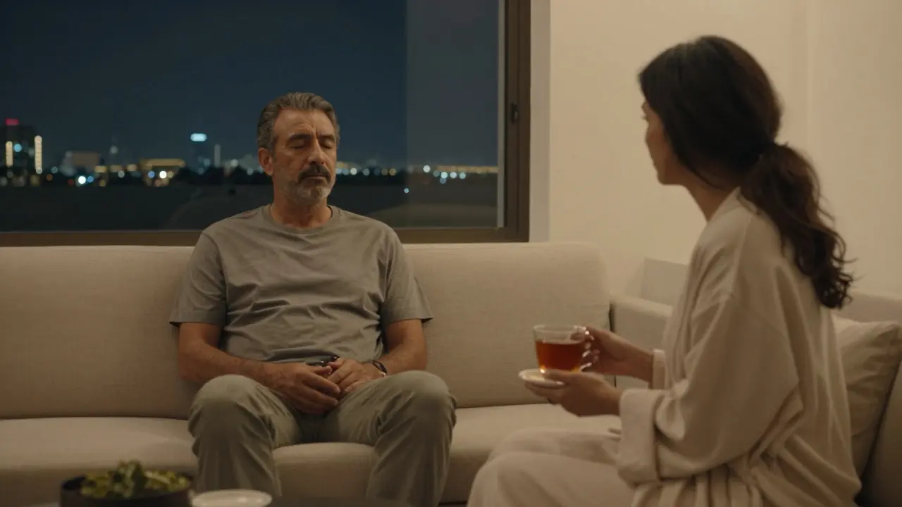 A man finding peace in a quiet villa lounge, listening to a companion's gentle words at night.