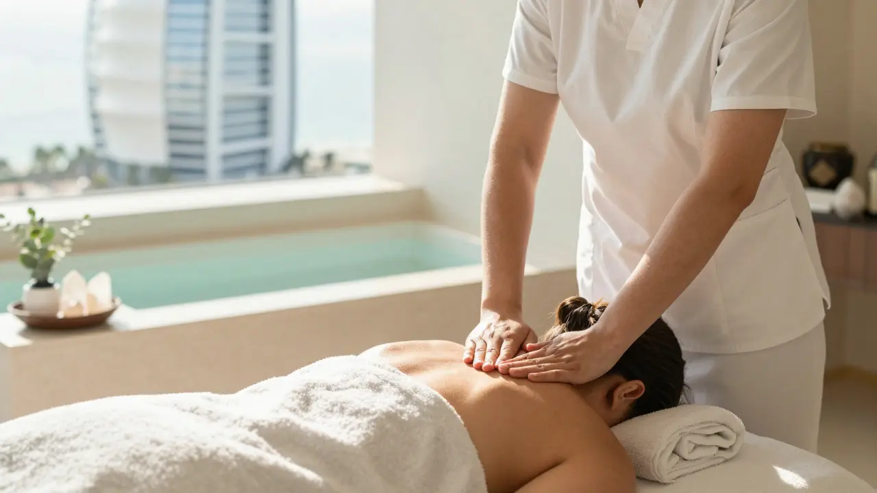 A peaceful spa session at Burj Al Arab with a therapist giving a professional aromatherapy massage.