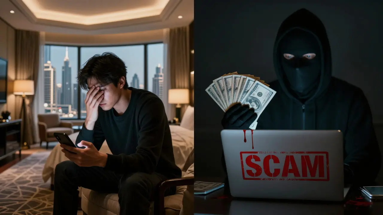 A person in a Dubai hotel room looking at a phone, contrasted with a shadowy scammer holding cash and a laptop labeled 'SCAM'.