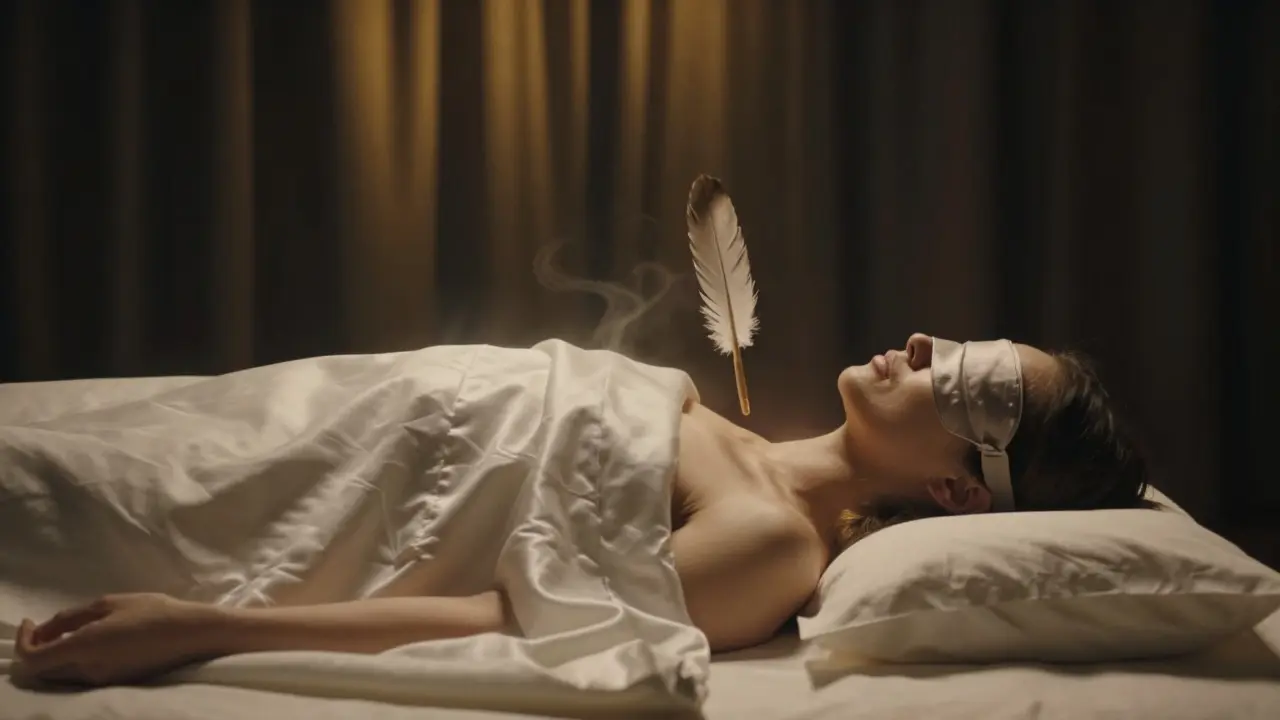 A person lying under a weighted blanket, blindfolded, experiencing enhanced touch with silk and warm stones in a sensory-deprivation room.