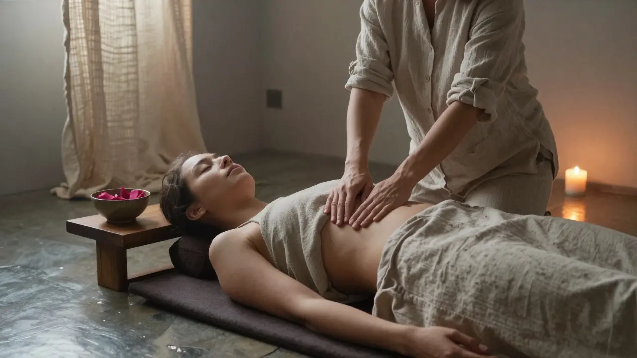 A practitioner's hand hovers gently above a client's abdomen during a silent, reverent therapy session.